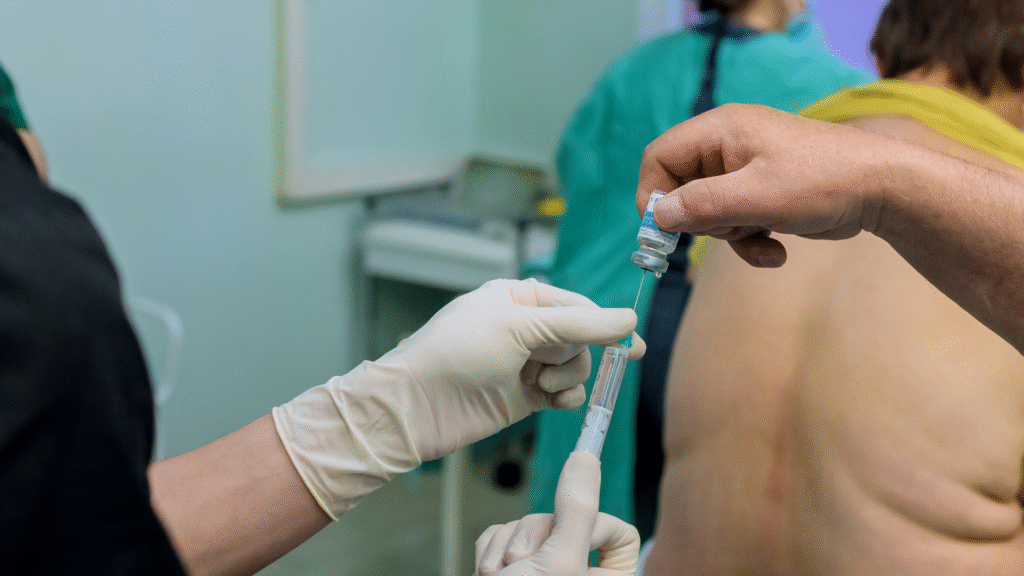 Médico preparando o medicamento da anestesia raquidiana, para a cirurgia de artroscopia do joelho